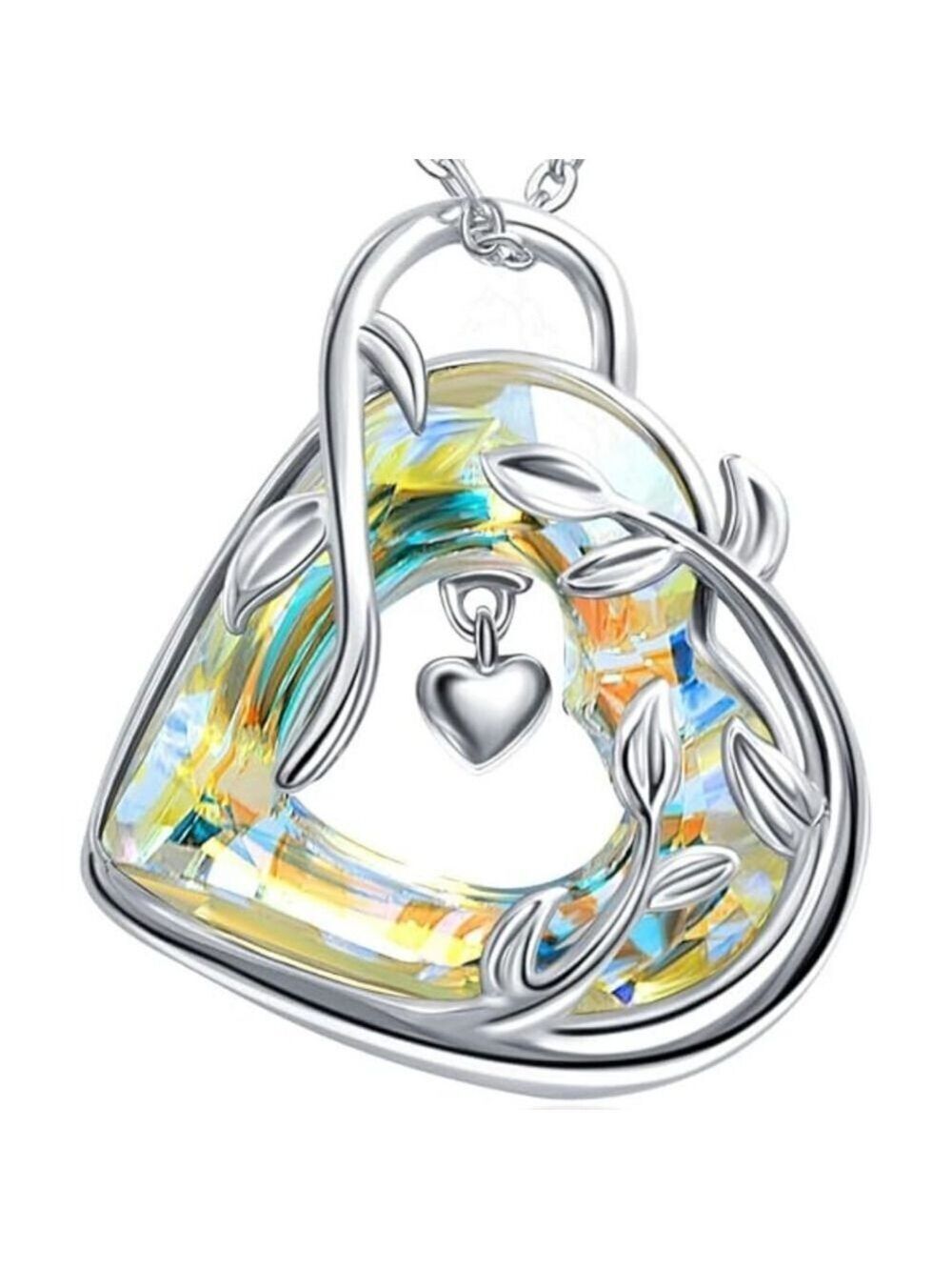 Rhodium Plated Heart Crystal Pendant Necklace, Yellow